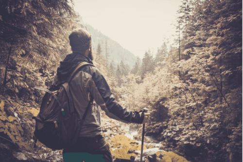 An ambitious outdoorsman makes his way through dense wilderness while hiking in Manitoba.
