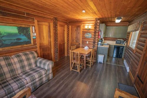 The interior view from the living room of a winter cabin rental in Flin Flon, Manitoba.